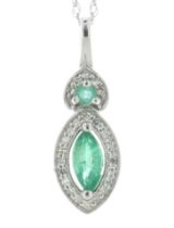 14ct White Gold Marquise Cluster Diamond And Emerald Pendant And chain 0.08 Carats