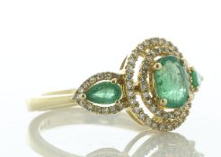 14ct Yellow Gold Oval Emerald Halo and Shoulders Diamond Ring (E1.10) 0.35 Carats