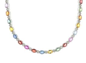 18ct White Gold Diamond and Coloured Sapphire Necklace (S14.16) 0.90 Carats