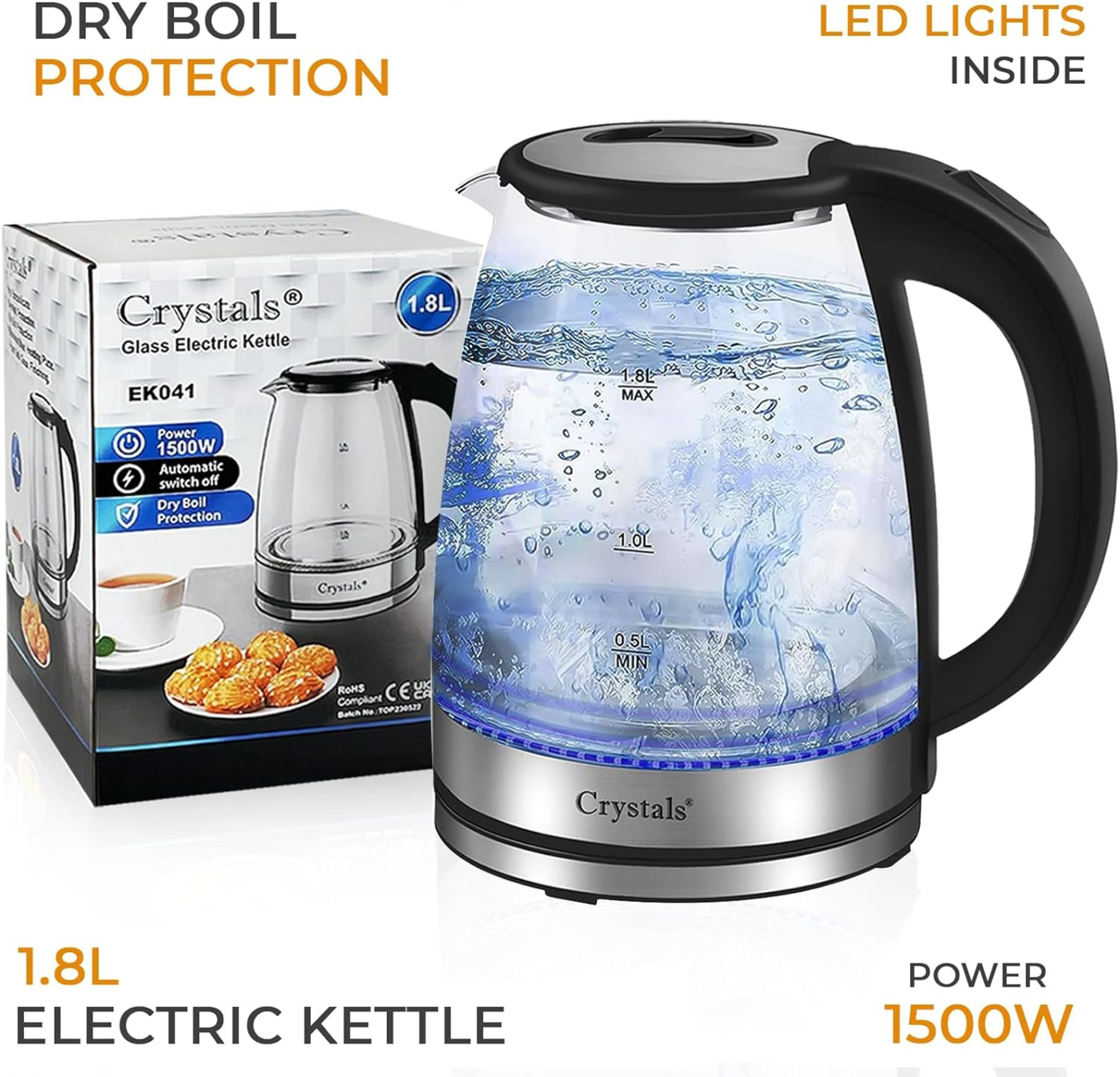 Crystals 1.8L/1500W Glass Electric Kettles, Glass Kettle With Blue LED and Boil Dry Protection, C...