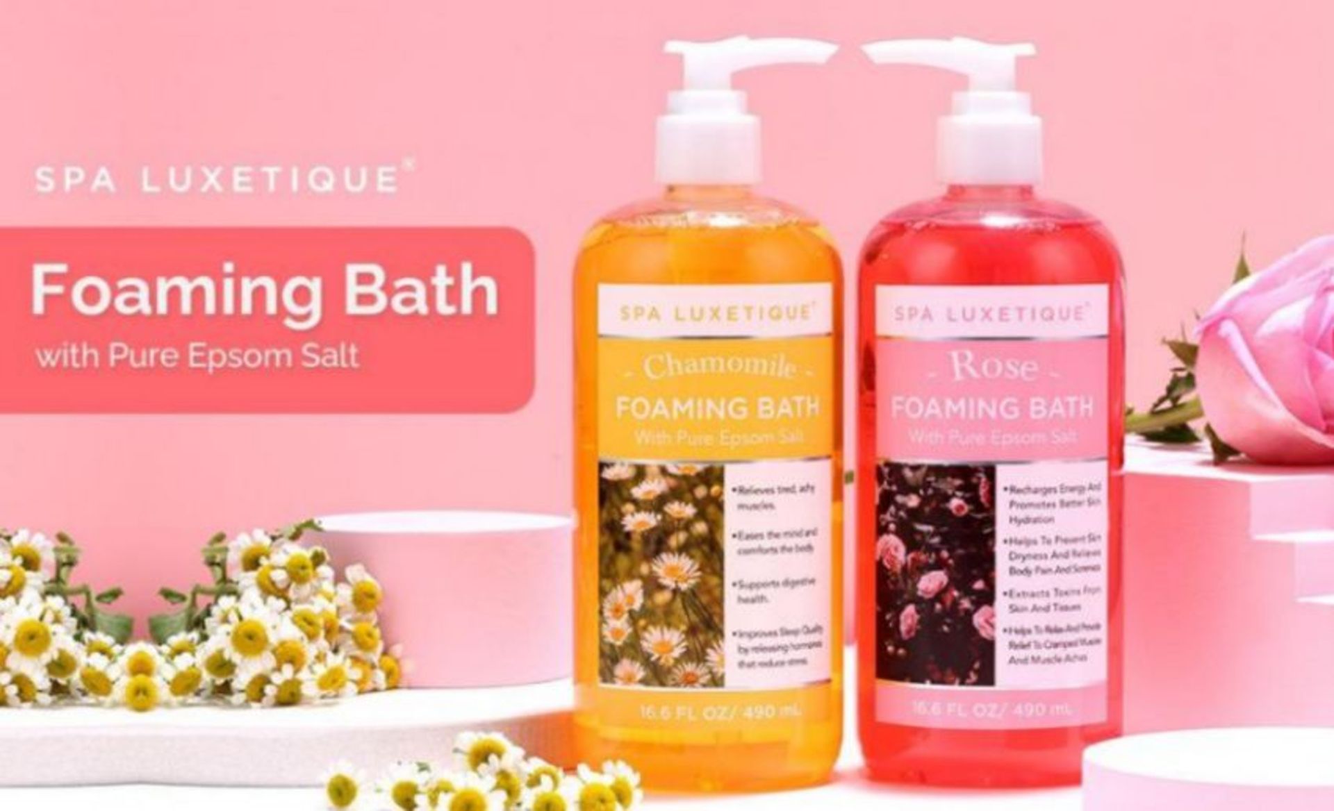 Spa Luxetique New Sealed Sets of 2 755Ml Rose and Chamomile Foaming Bath
