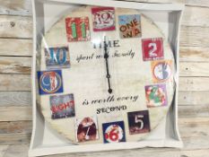 Printed Wooden Clock 60cm Across. 'Time Spent With Family'. Rrp £30