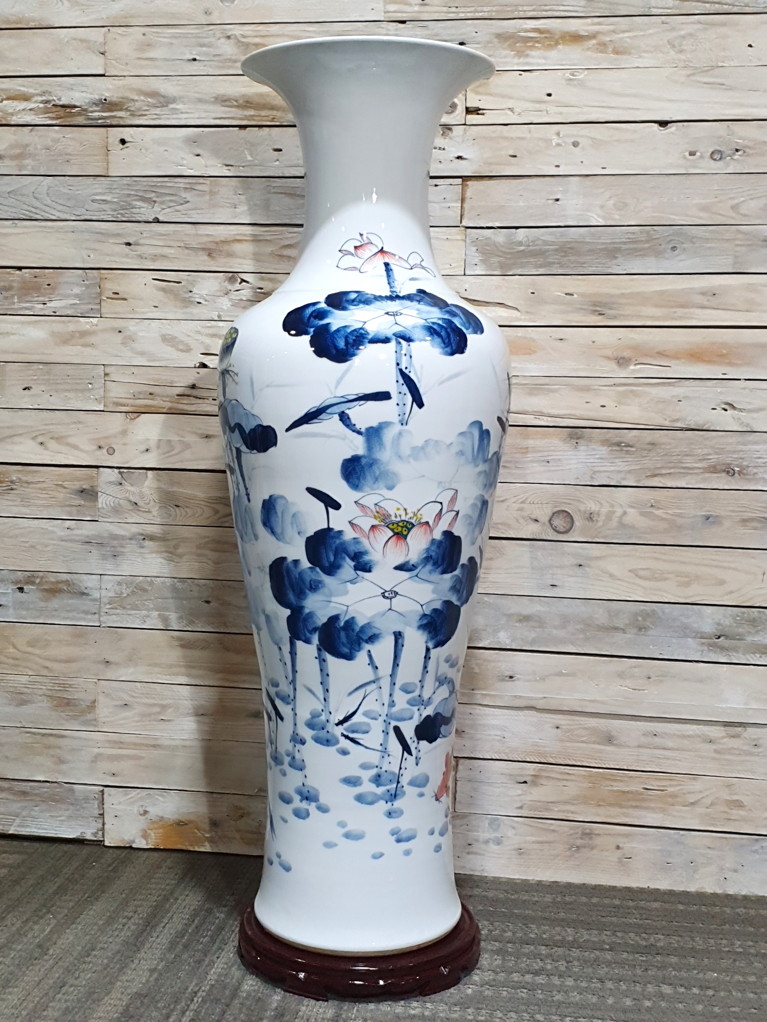 Huge Chinese Ceramic Floor Standing Vase 1.2m Tall x 41cm approx. Solid rose wood plinth . Rrp £1...
