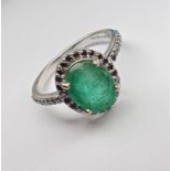 Beautiful Natural Emerald Ring With Natural Black Diamonds And 18k Gold