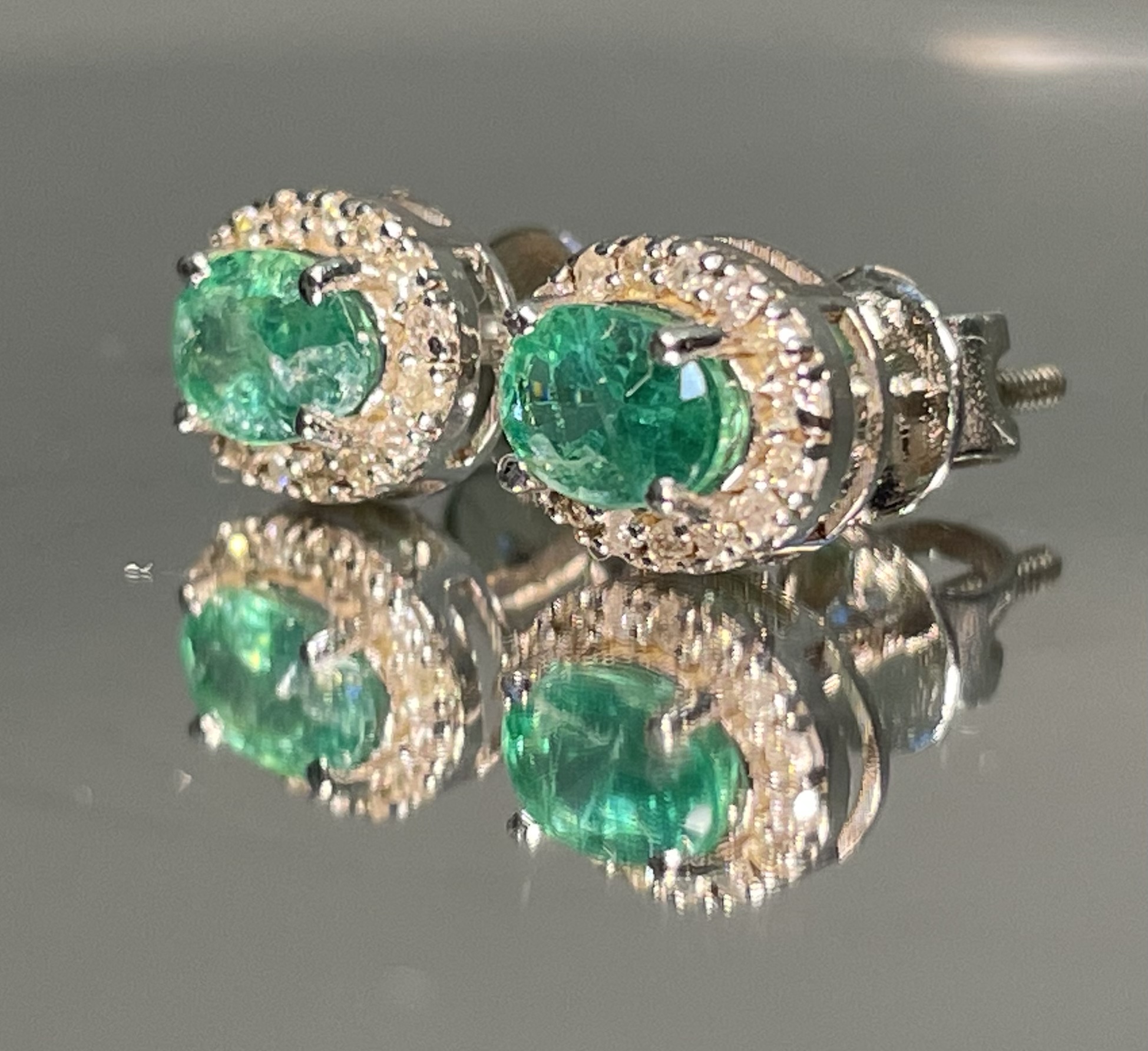 Beautiful Natural Emerald Halo Set Stud Earrings 18k White Gold - Image 5 of 7