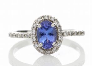 18ct White Gold Diamond and Tanzanite Halo Setting Ring 0.15 Carats