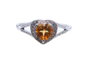 9ct White Gold Heart Shape Citrine Diamond Ring (C0.67) 0.20 Carats