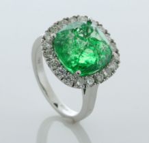 18ct White Gold Cushion Emerald and Diamond Cluster Ring (7.99) 1.07 Carats