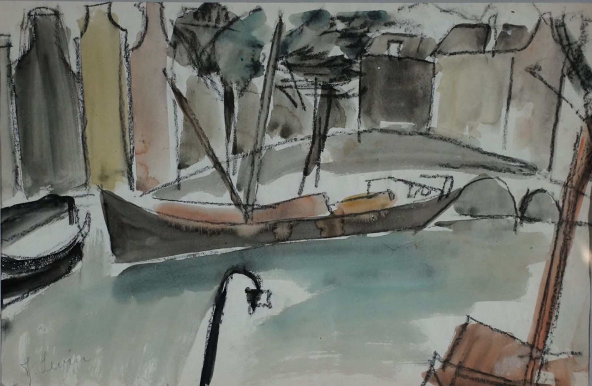 Levin, Julo, Stettiner Hafen, Aquarell, 31 x 48 cm, sign.