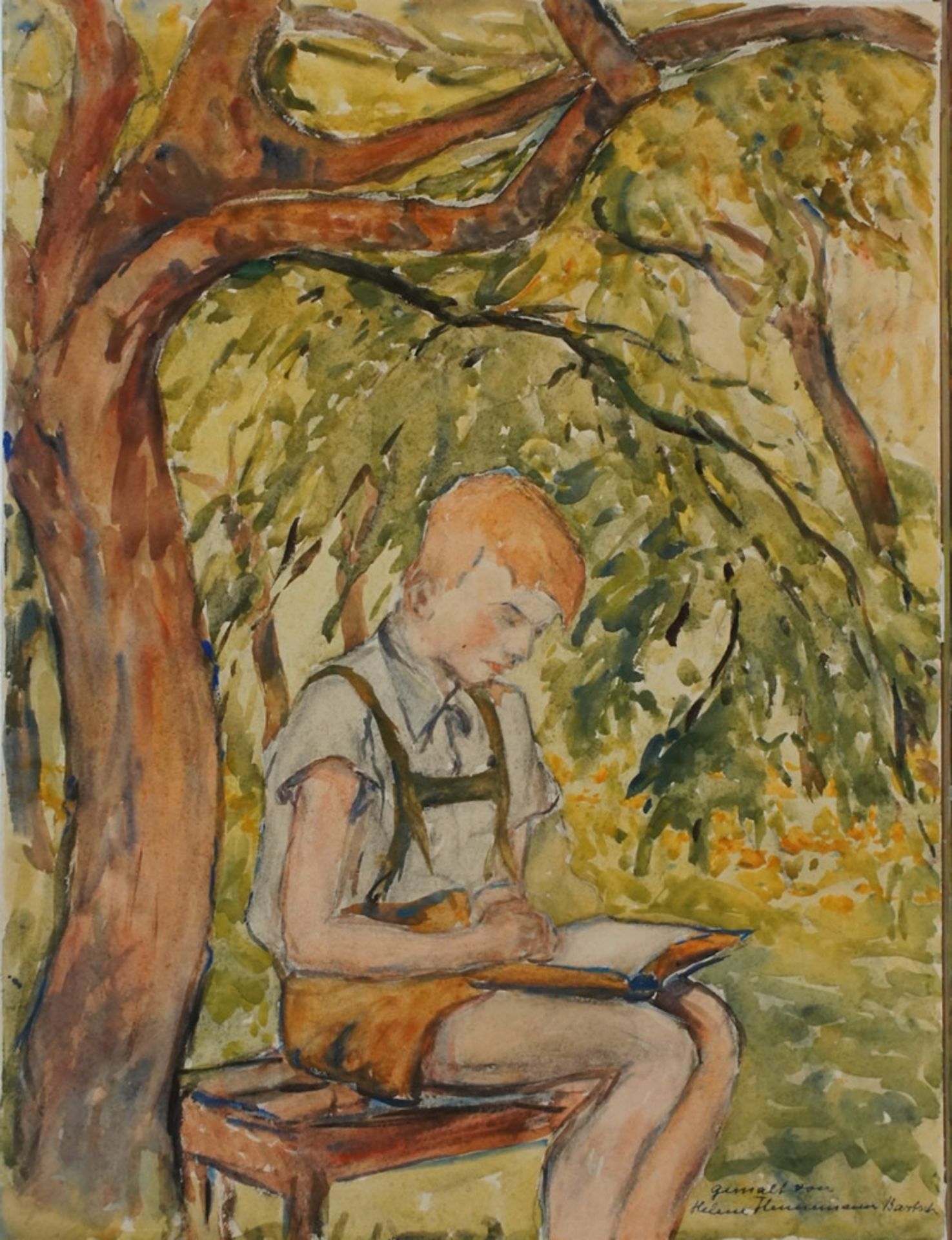 Hennemann-Bartsch, Helene, Lesen im Wald, Aquarell, 48 x 36 cm, sign.