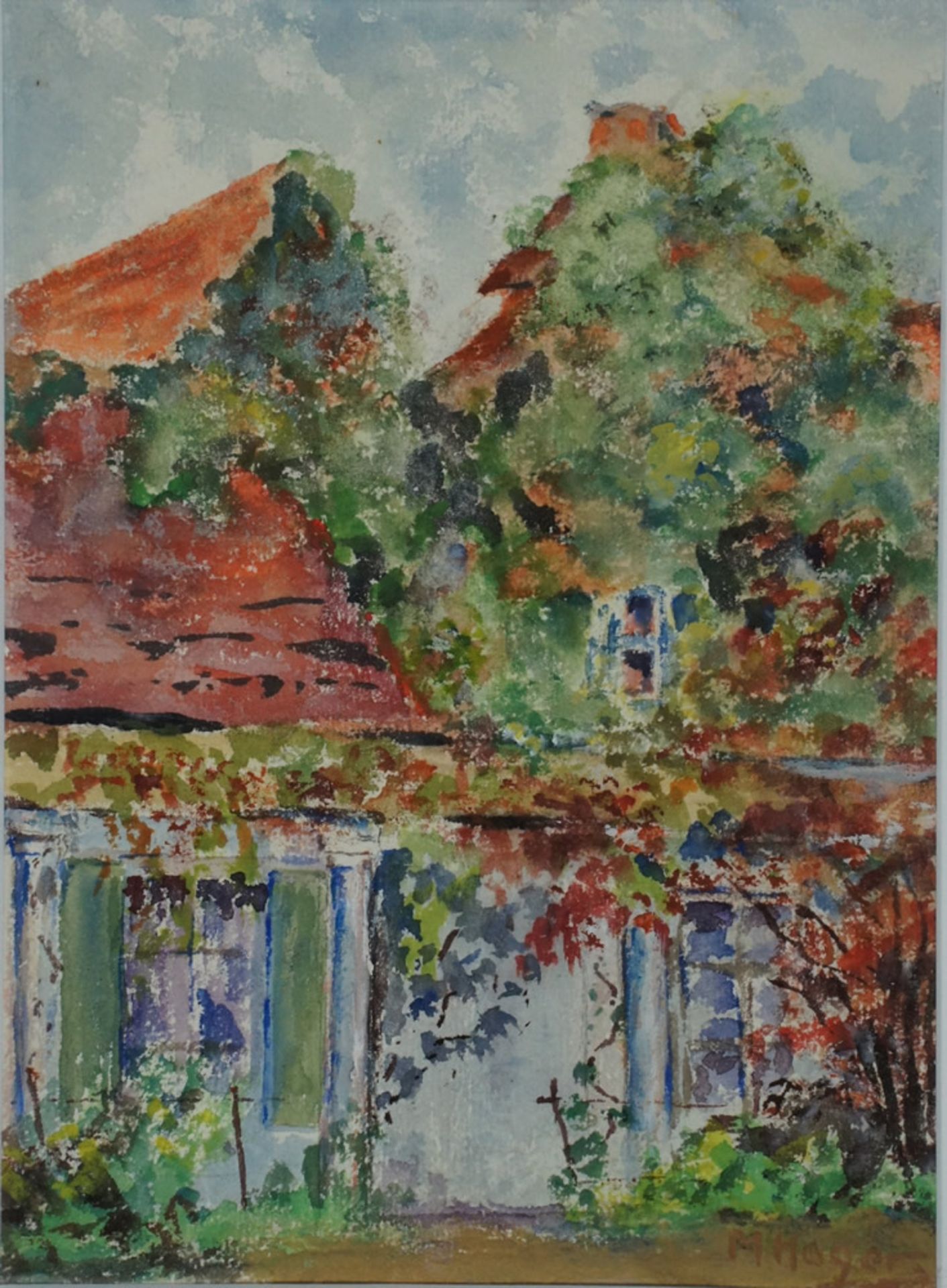 Hager, Marie, ihr Haus im Herbst, Aquarell, 25 x 19 cm, sign.