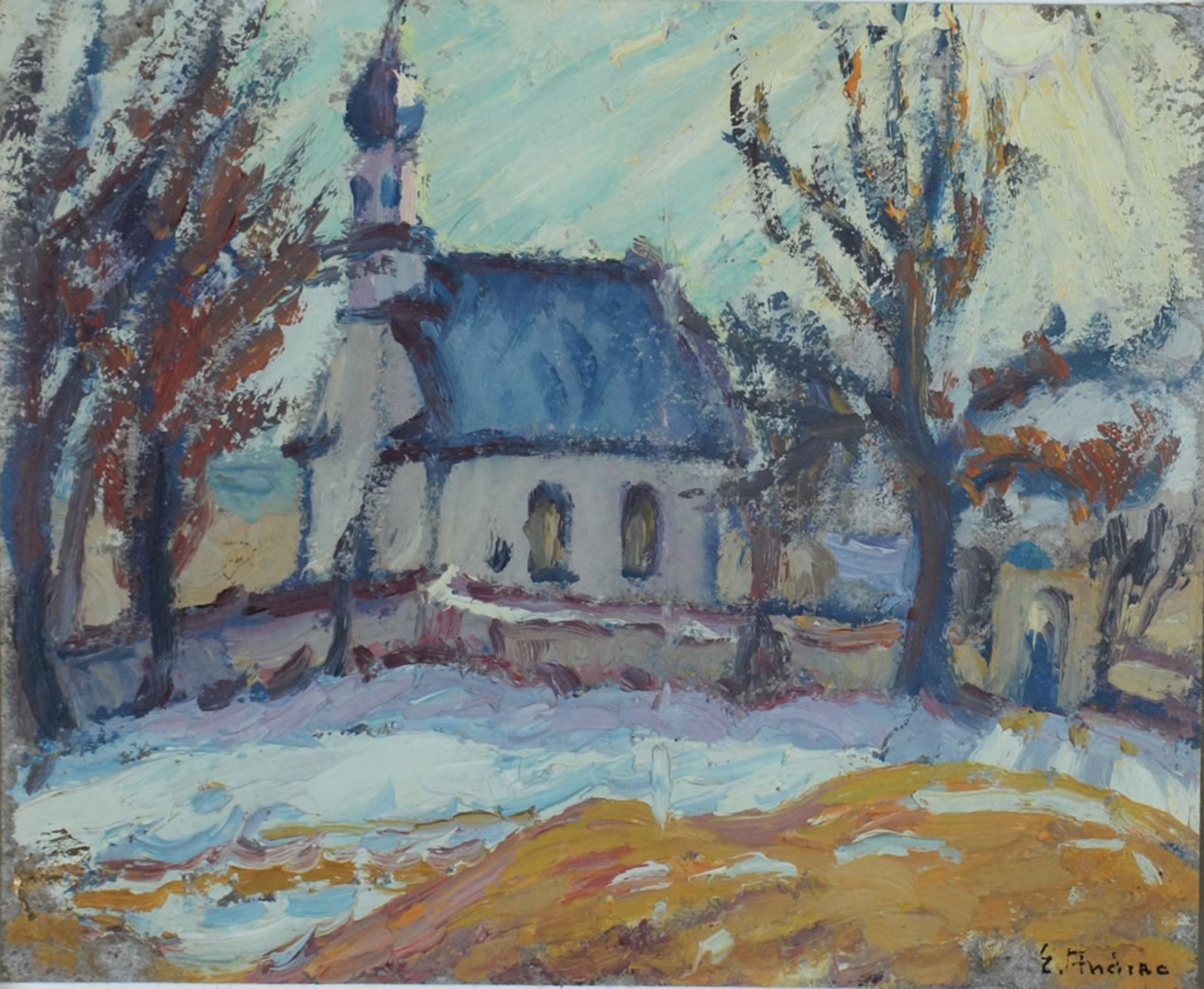 Andrae, Elisabeth, Kirche im Schnee, Öl, 21 x 25 cm, sign.