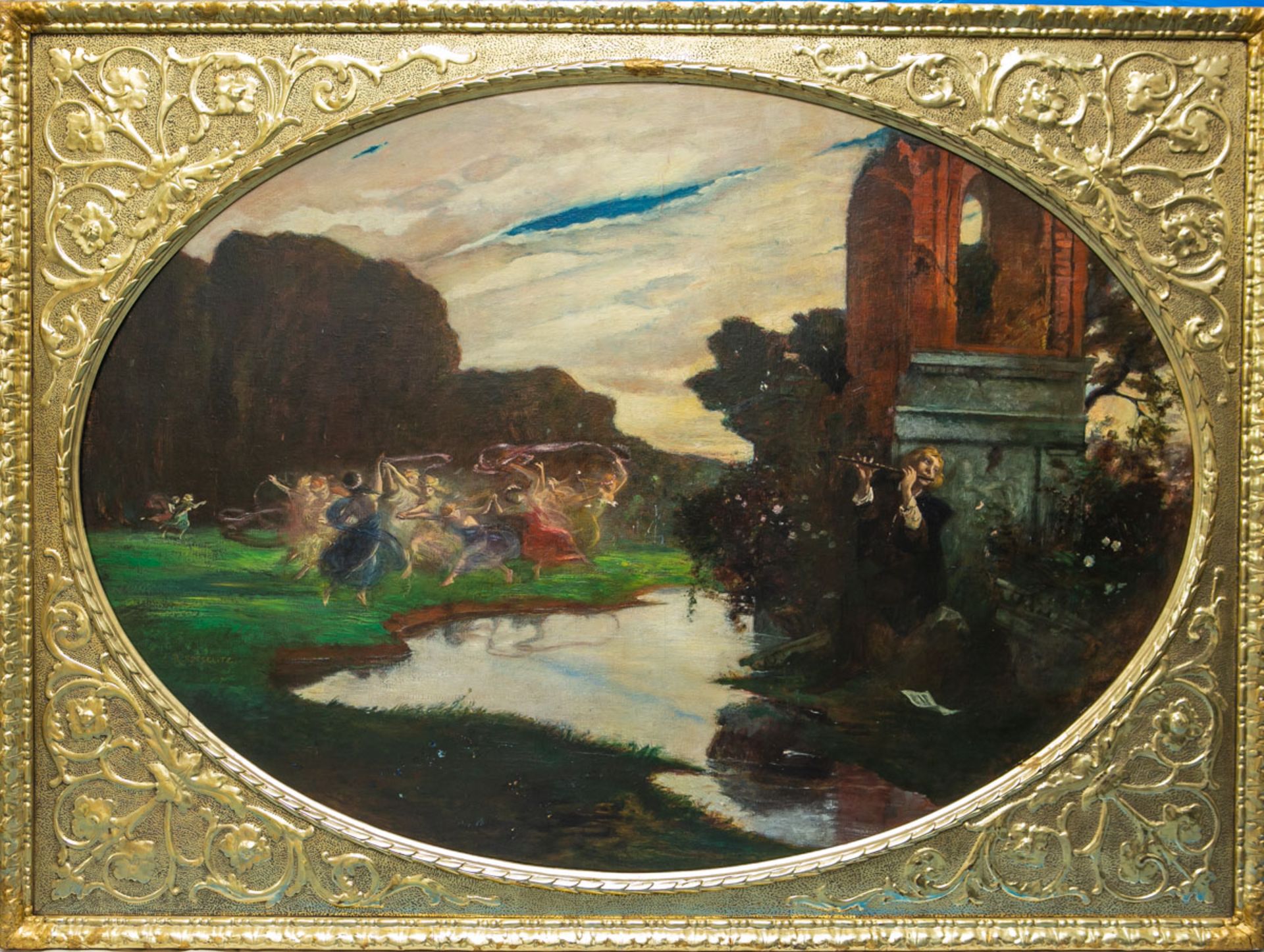 Köselitz, Rudolf (1861-1949), Najadentanz an einem Flußlauf mit Querflöte spielendem Jüngling