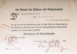 Verleihungsurkunde über das Ehrenkreuz für Frontkämpfer (2. WK, 1934)