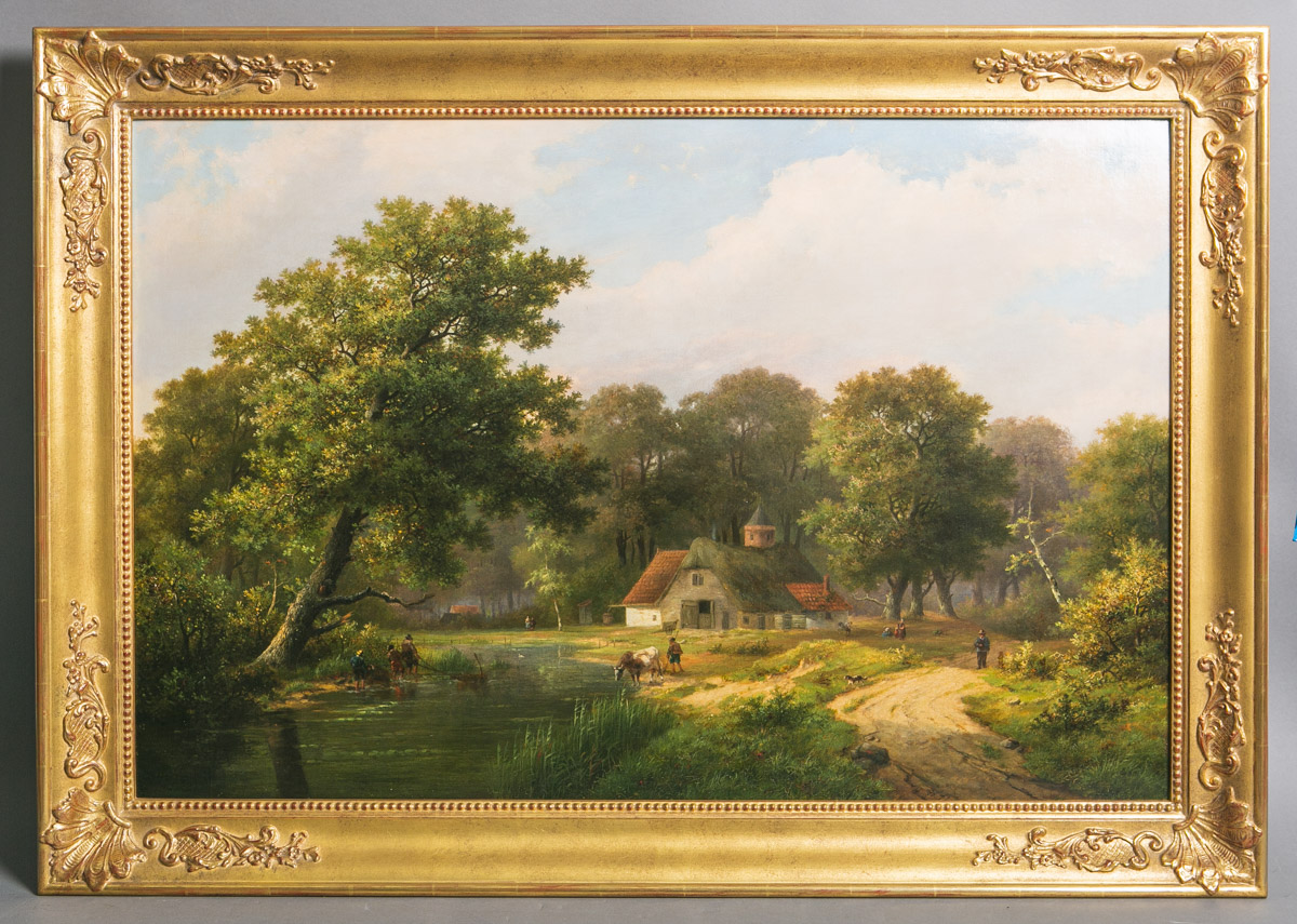 Koekkoek, Henrik Pieter (1843 - 1890), Waldlandschaft mit Fluss und Gehöft