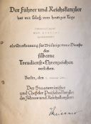 Große Verleihungsurkunde über das silberne Treudienst-Ehrenzeichen (2. WK, 1939)