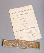 Ärmelband Afrika m. Besitzzeugnis über das Ärmelband Afrika (2. WK, 1943)