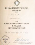 Verleihungsurkunde für das Kriegsverdienstkreuz 1. Klasse m. Schwertern (2. WK, 1944)