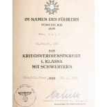 Verleihungsurkunde für das Kriegsverdienstkreuz 1. Klasse m. Schwertern (2. WK, 1944)