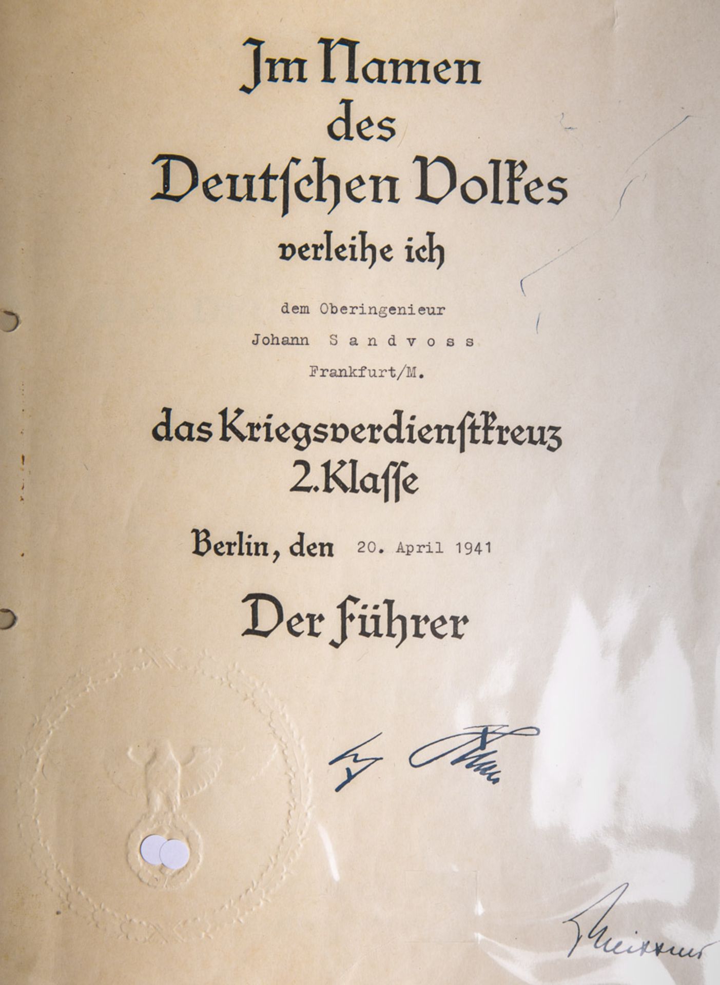 Große Verleihungsurkunde über das Kriegsverdienstkreuz 2. Klasse (2. WK, 1941)