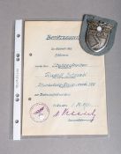 Kubanschild m. Besitzzeugnis über das Kubanschild (2. WK, 1944)