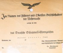 Verleihungsurkunde über das Deutsche Schutzwall-Ehrenzeichen (2. WK)