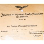 Verleihungsurkunde über das Deutsche Schutzwall-Ehrenzeichen (2. WK)