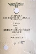 Große Verleihungsurkunde über das Kriegsverdienstkreuz 1. Klasse (2. WK, 1944)