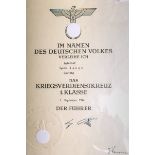 Große Verleihungsurkunde über das Kriegsverdienstkreuz 1. Klasse (2. WK, 1944)