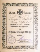 Besitz-Zeugnis über das Eiserne Kreuz 2. Klasse (1. WK, 1920)