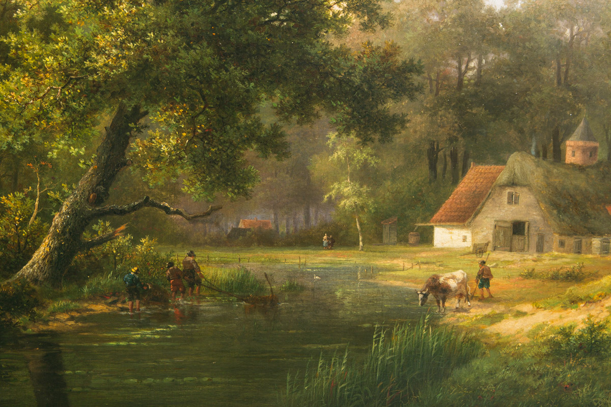 Koekkoek, Henrik Pieter (1843 - 1890), Waldlandschaft mit Fluss und Gehöft - Image 3 of 4