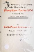 Große Verleihungsurkunde zur Deutschen Olympia-Erinnerungsmedaille (1937)