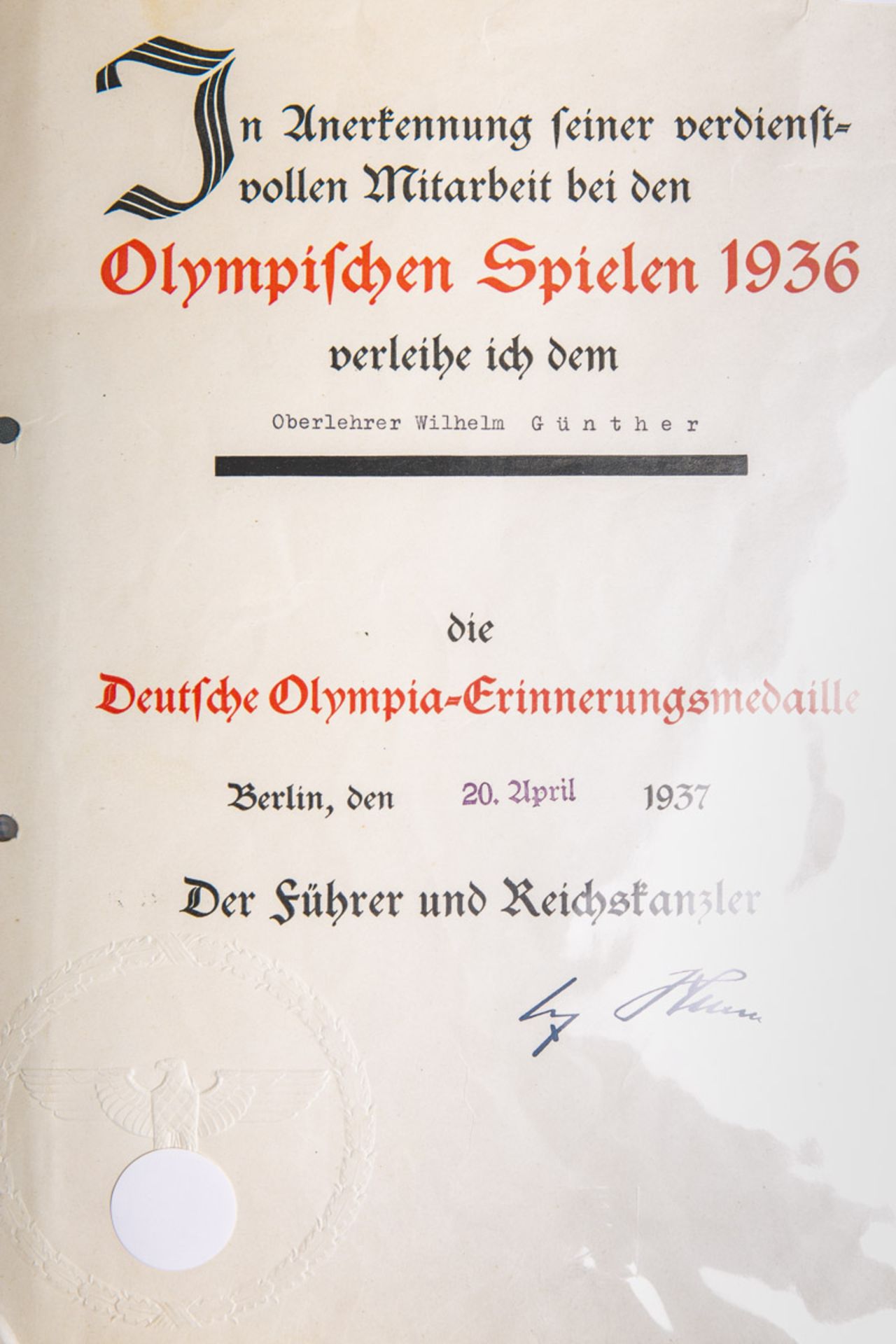 Große Verleihungsurkunde zur Deutschen Olympia-Erinnerungsmedaille (1937)