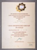 Große Urkunde u. Auszeichnung "Das Deutsche Kreuz in Gold" (2. WK, 1944)
