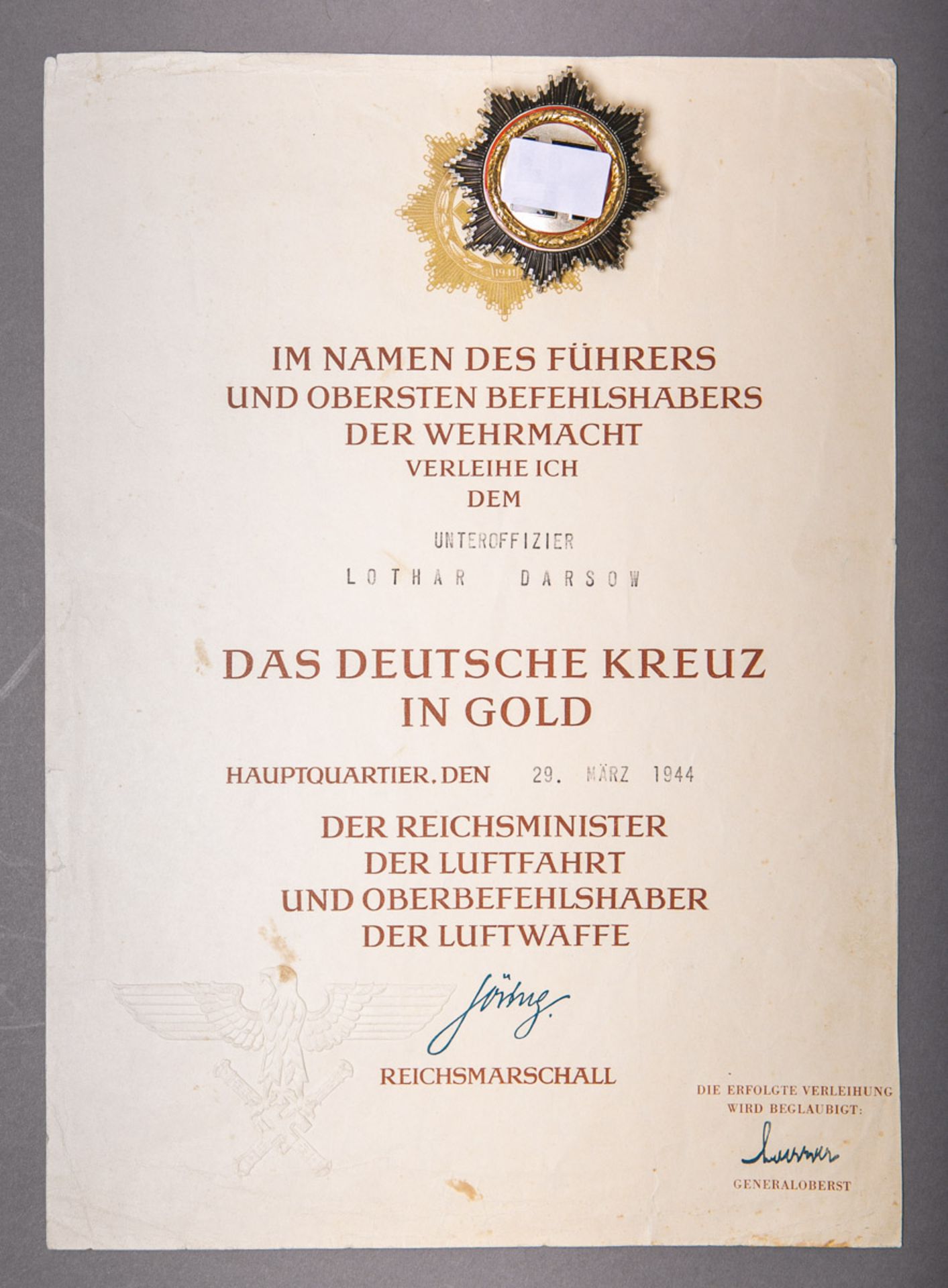 Große Urkunde u. Auszeichnung "Das Deutsche Kreuz in Gold" (2. WK, 1944)