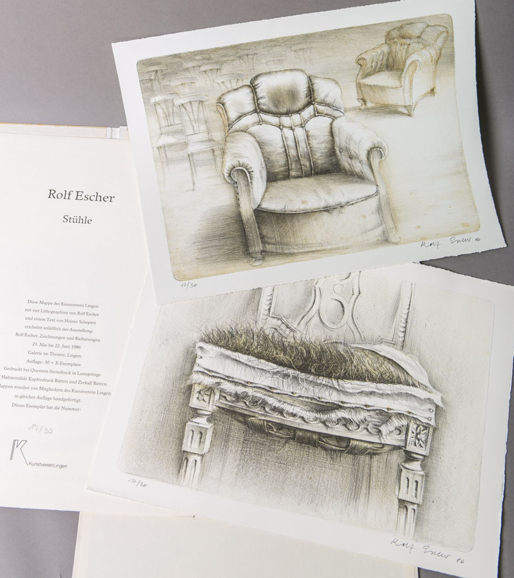 Escher, Rolf (geb. 1936), Mappe "Stühle" mit 4 Lithografien