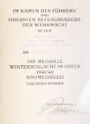 Besitzzeugnis über die Medaille Winterschlacht im Osten 1941/42 (2. WK, 1942)