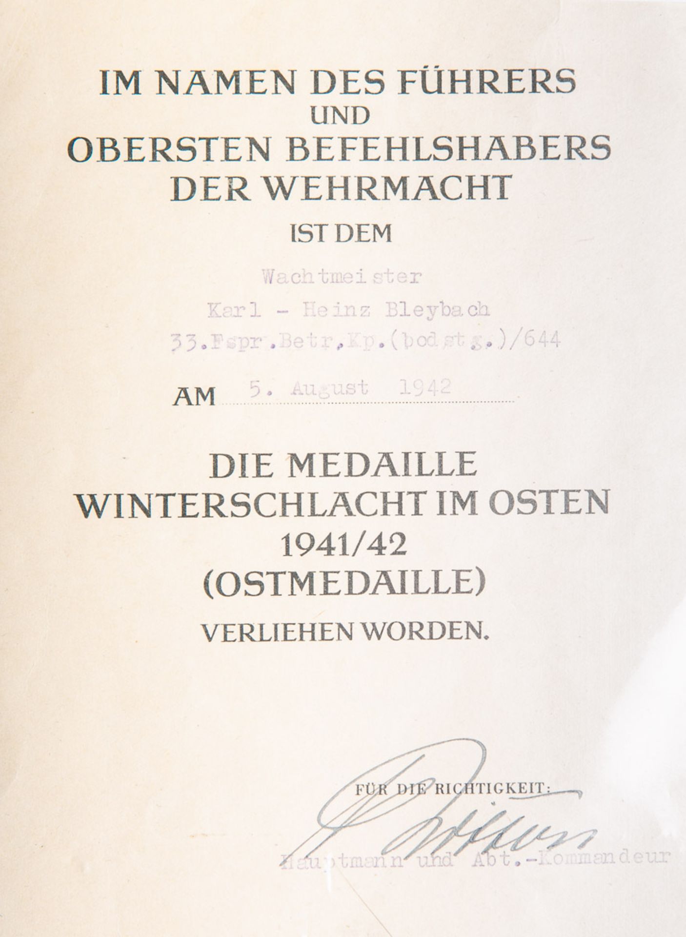 Besitzzeugnis über die Medaille Winterschlacht im Osten 1941/42 (2. WK, 1942)