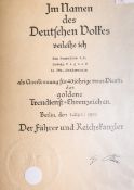 Große Verleihungsurkunde über das goldene Treudienst-Ehrenzeichen (2. WK, 1939)