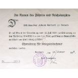 Verleihungsurkunde über das Ehrenkreuz für Kriegsteilnehmer (2. WK, 1935)