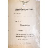 Große Verleihungsurkunde über das Abzeichen für Fliegerschützen (2. WK, 1940)