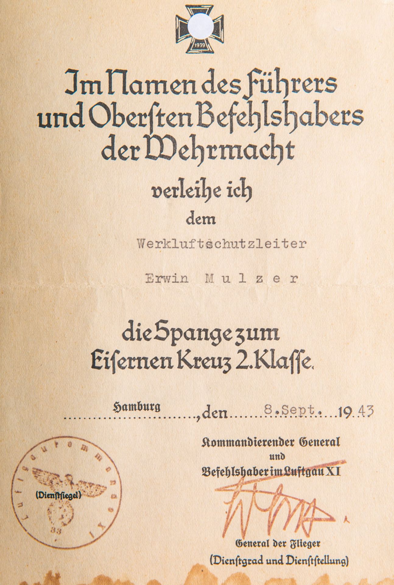 Besitzzeugnis für die Spange zum Eisernen Kreuz 2. Klasse (2. WK, 1943)