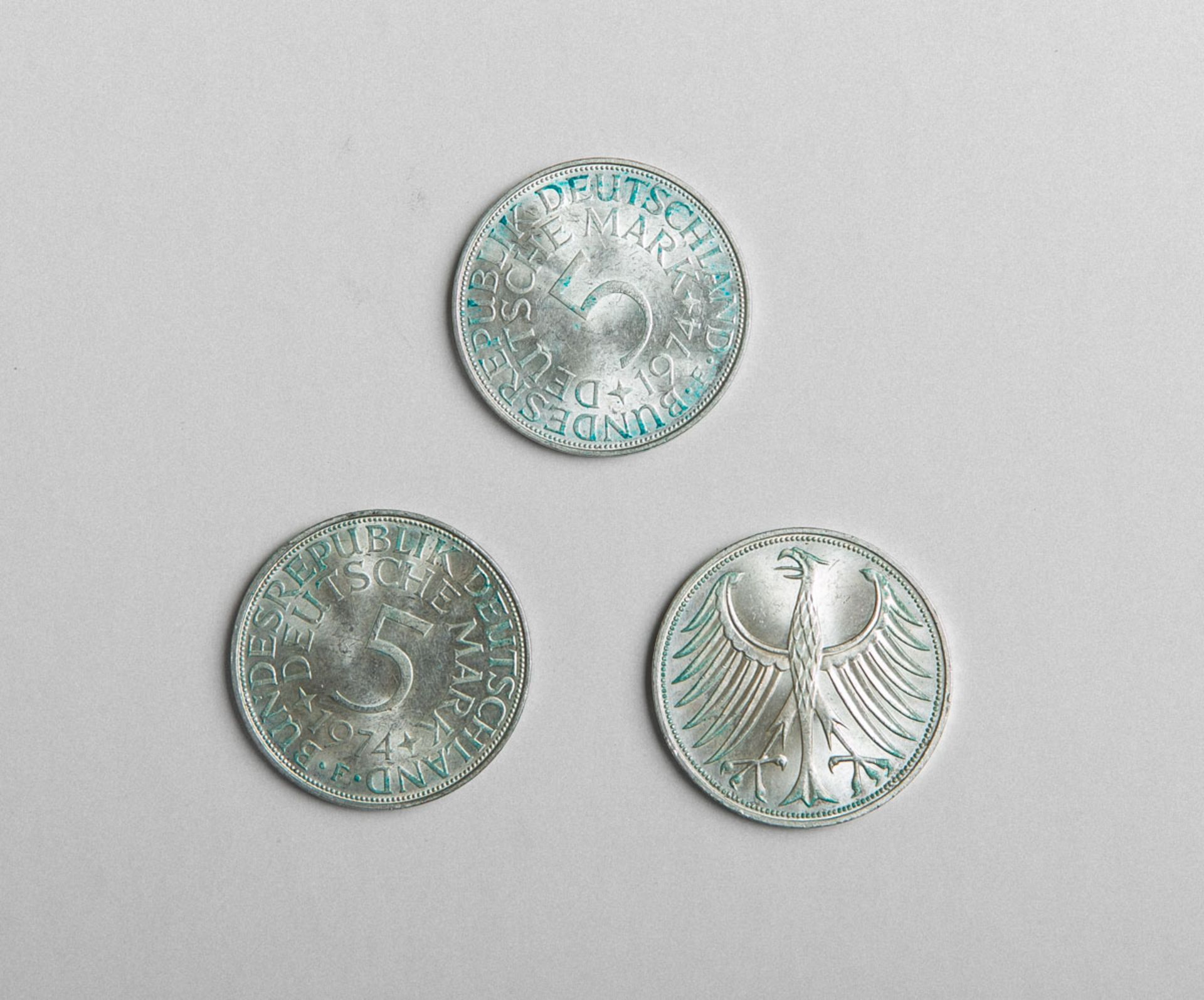 Set aus 3 Münzen, 3x "5 Deutsche Mark" (Silberadler), BRD 1974 -F-