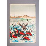 Kolorierter Holzschnitt mit einer Szene des Japanisch-Chinesischen Krieges 1894 - 1893 (Japan)