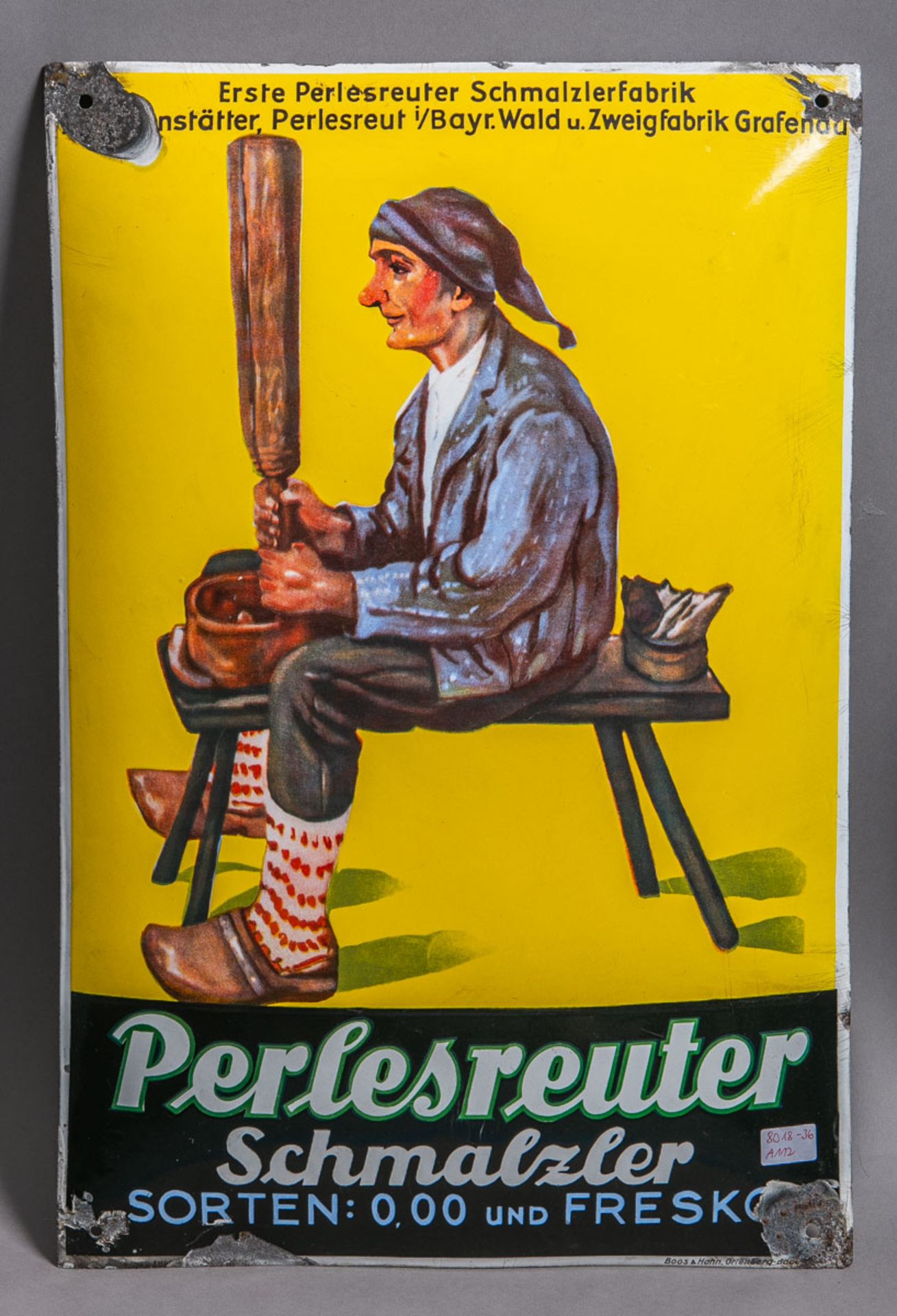 Email-Schild, "Perlesreuter Schmalzler" (um 1920/ 30)
