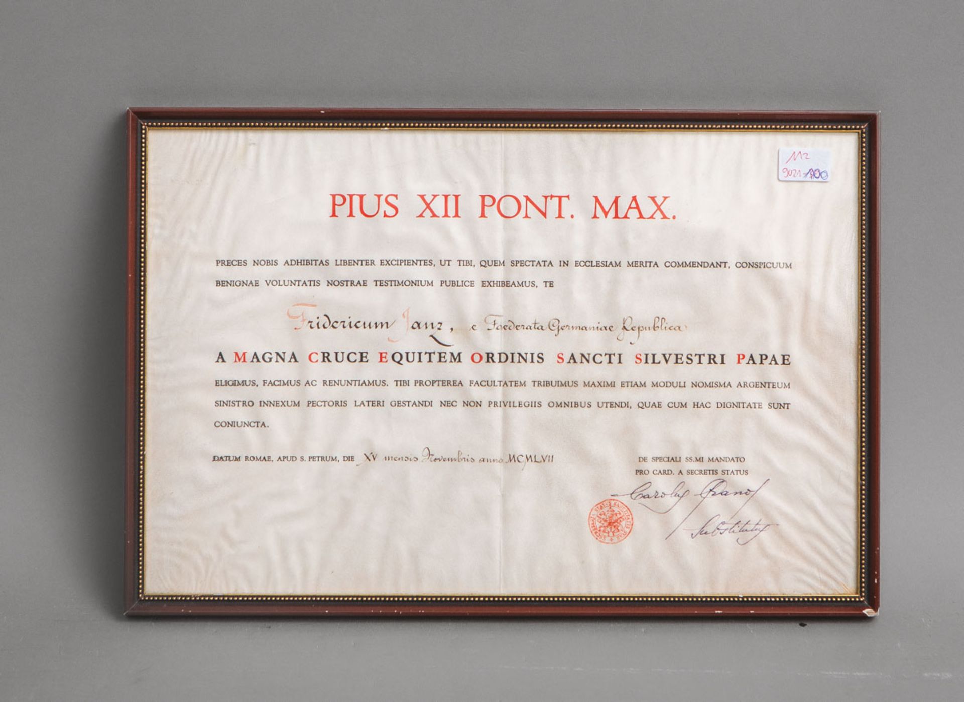 Pius XII, Pont. Max, Privileg für Friedrich Janz