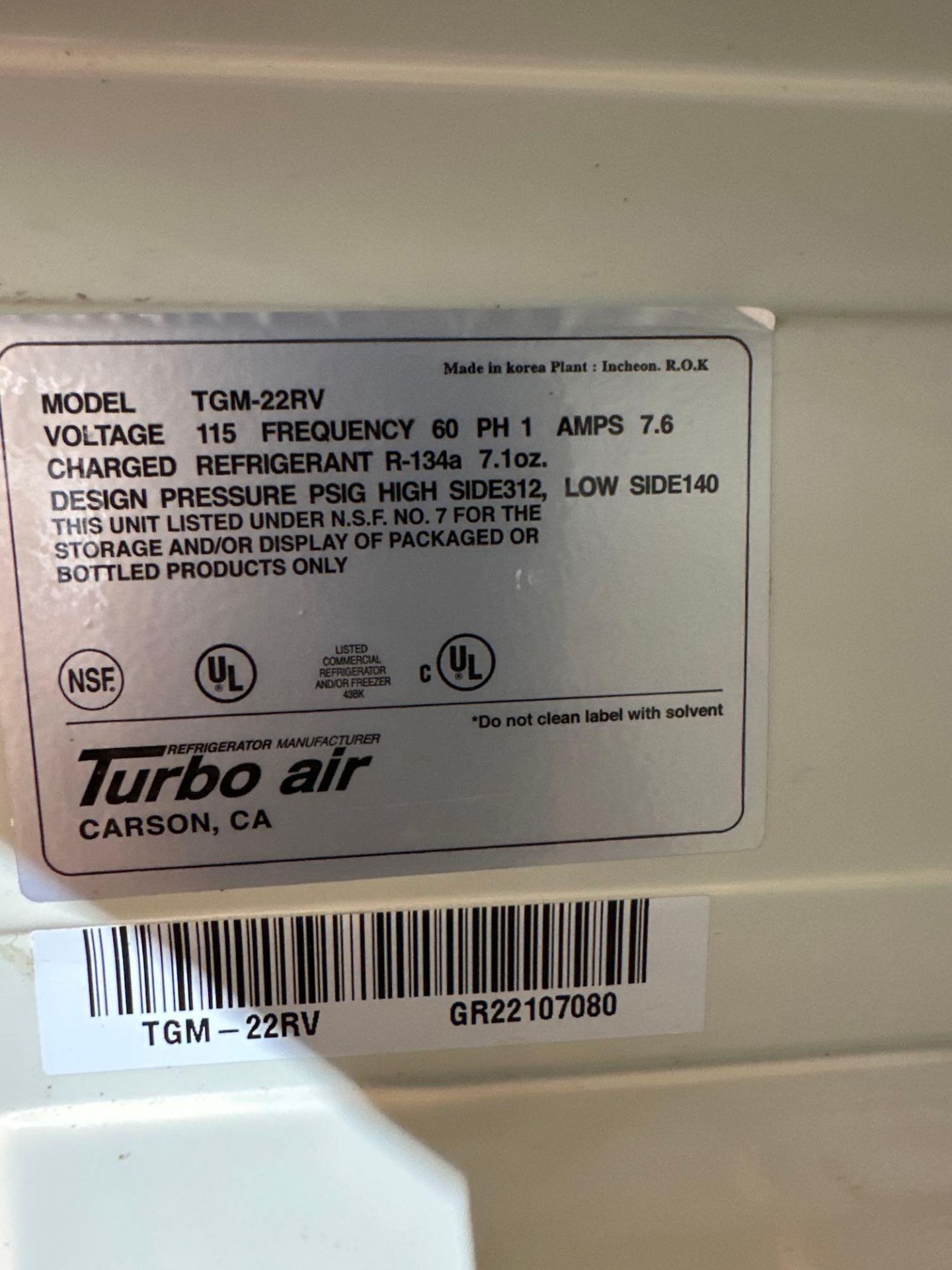 Turbo air single door refrigerator - Image 3 of 3