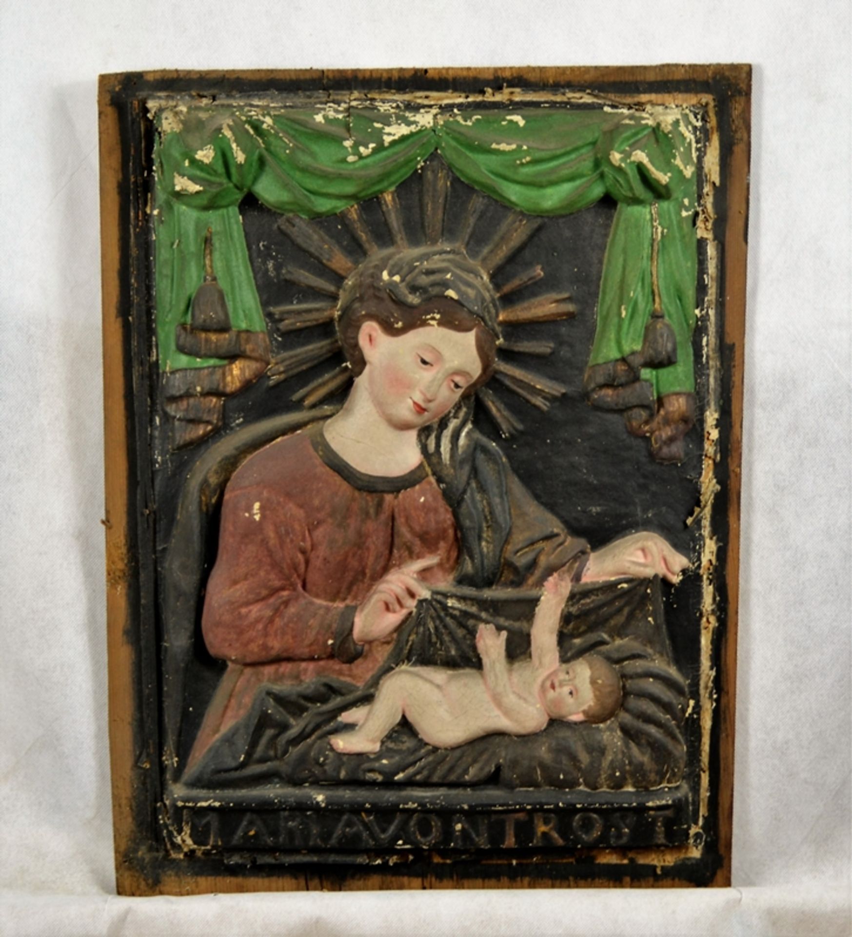 Gnadenbild Maria von Trost Maria Plain Pappmache Salzburg 19 Jhdt., Pappmache auf Holz fixiert, ca.