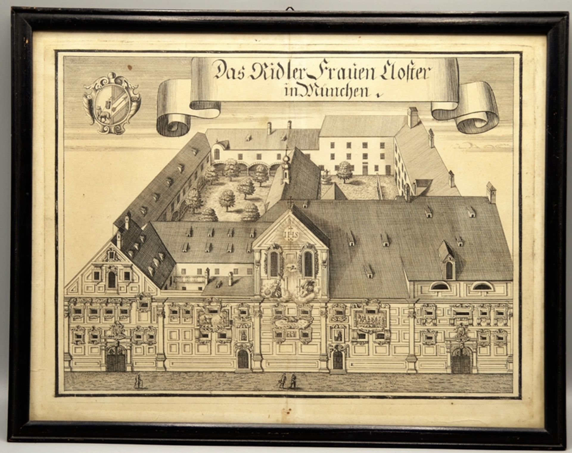 Kupferstich Michael Wening Das Ridler Frauen Kloster in München, Mittelfalte, alter Stich, ca. 40,5