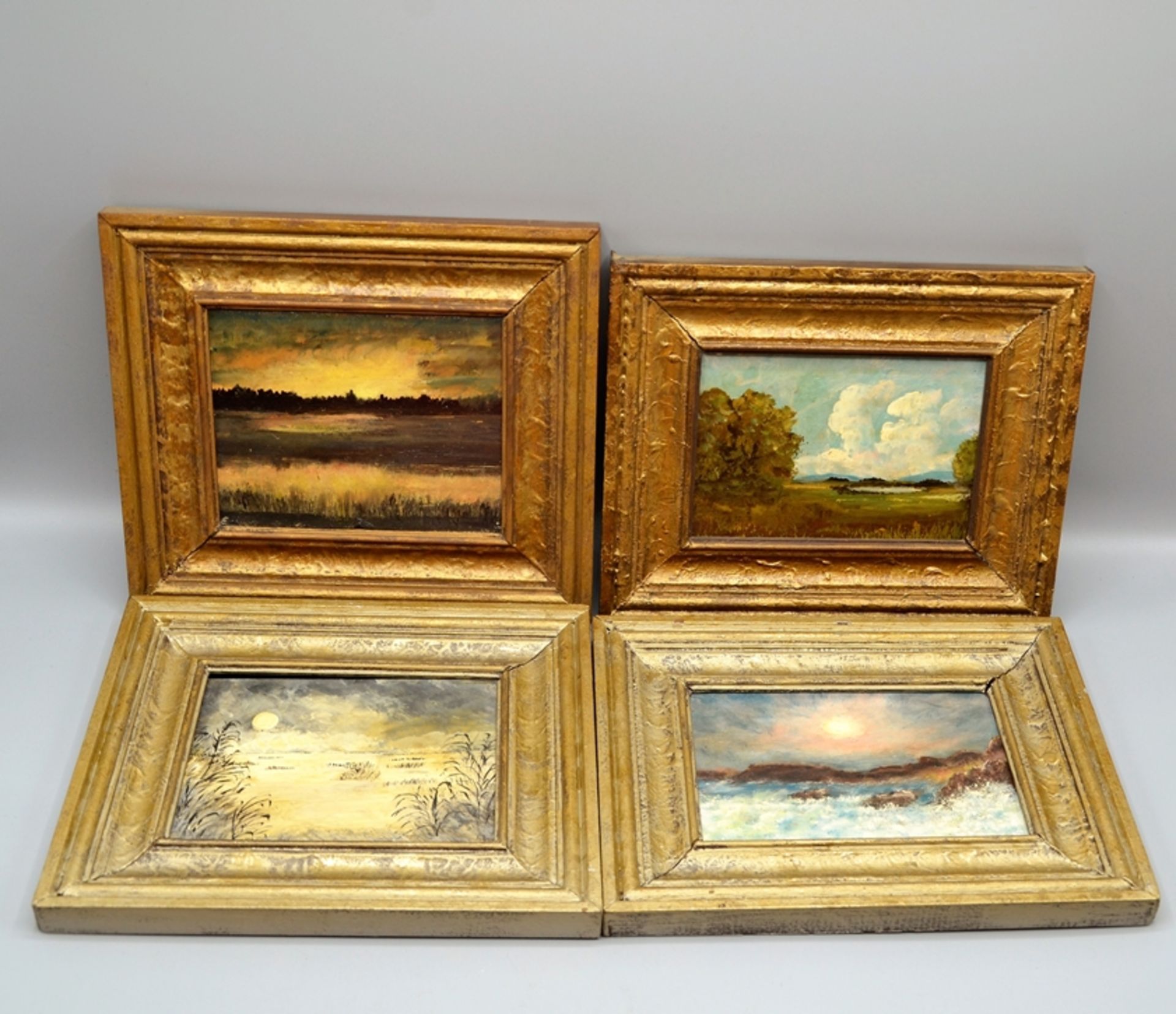 Miniaturen Gemälde stimmungsvolle Landschaften 4-teilig, 2 St. ca. 20,7 x 16,6 cm u. 2 St. 20,6 x
